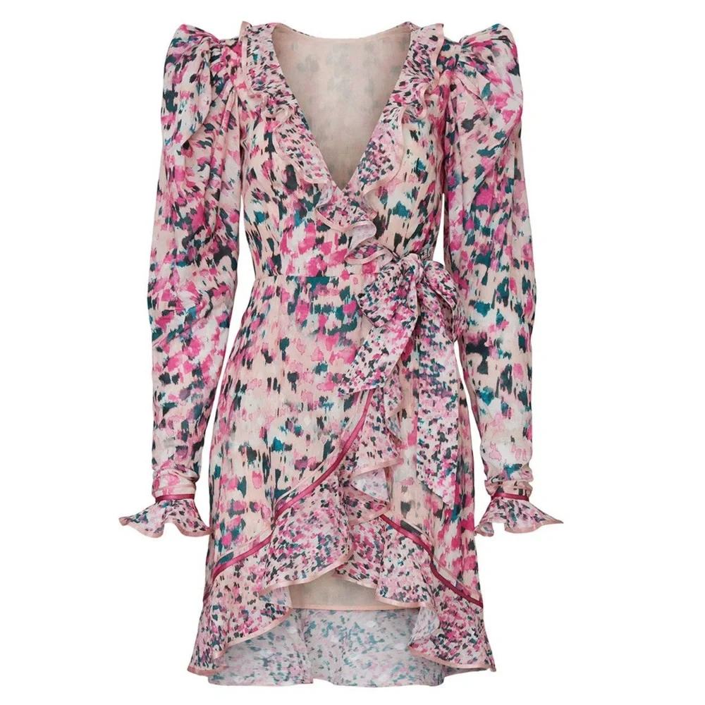 ROCOCO SAND Impressionist Floral Print Puff Long Sleeve Ruffle Wrap Mini Dress M